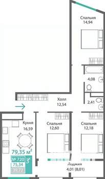 3-к квартира, строящийся дом, 79м2, 4/9 этаж
