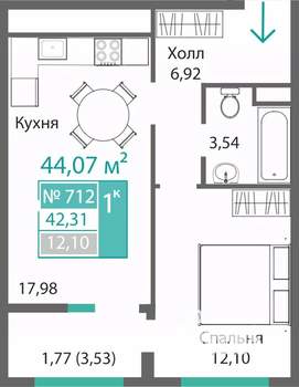 1-к квартира, строящийся дом, 42м2, 7/9 этаж