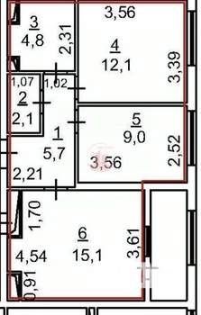 2-к квартира, вторичка, 52м2, 2/12 этаж