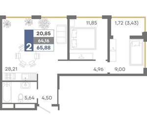 2-к квартира, вторичка, 66м2, 8/16 этаж