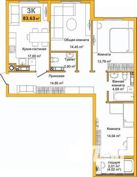 3-к квартира, вторичка, 84м2, 5/9 этаж