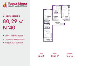 3-к квартира, вторичка, 80м2, 8/9 этаж