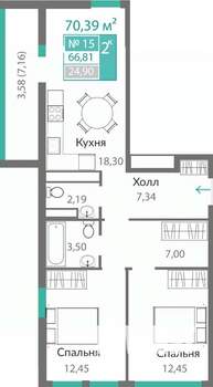 2-к квартира, вторичка, 67м2, 3/10 этаж