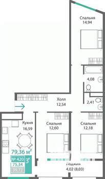 3-к квартира, строящийся дом, 79м2, 4/9 этаж