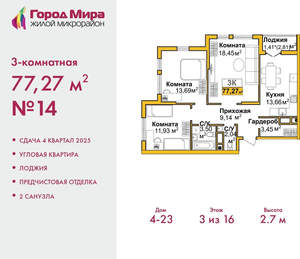 3-к квартира, вторичка, 77м2, 3/16 этаж