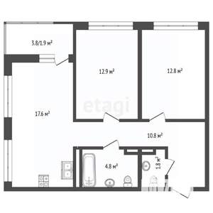 2-к квартира, вторичка, 63м2, 2/10 этаж
