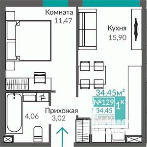 1-к квартира, строящийся дом, 34м2, 1/9 этаж