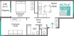 2-к квартира, строящийся дом, 61м2, 7/9 этаж