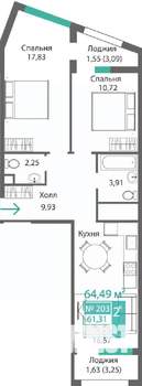 2-к квартира, строящийся дом, 65м2, 2/9 этаж