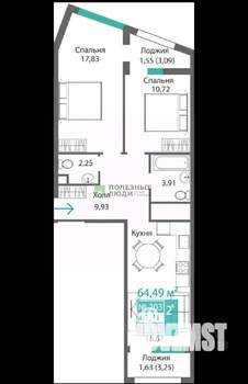 2-к квартира, вторичка, 65м2, 2/9 этаж