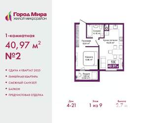 1-к квартира, вторичка, 41м2, 1/9 этаж