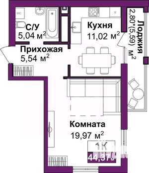 1-к квартира, вторичка, 44м2, 11/16 этаж