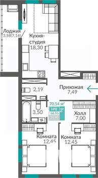 2-к квартира, строящийся дом, 67м2, 2/9 этаж