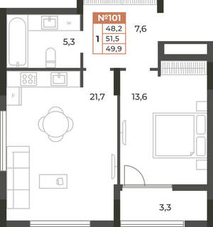 1-к квартира, вторичка, 50м2, 5/8 этаж