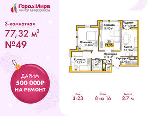 3-к квартира, вторичка, 77м2, 8/16 этаж