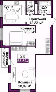 2-к квартира, вторичка, 64м2, 6/16 этаж