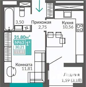 1-к квартира, строящийся дом, 30м2, 9/9 этаж