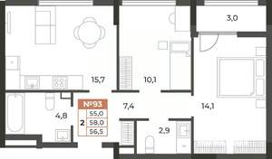 2-к квартира, вторичка, 57м2, 4/8 этаж