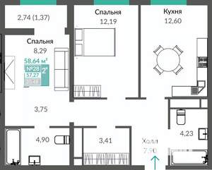 2-к квартира, строящийся дом, 59м2, 5/12 этаж