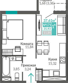 1-к квартира, вторичка, 36м2, 7/9 этаж