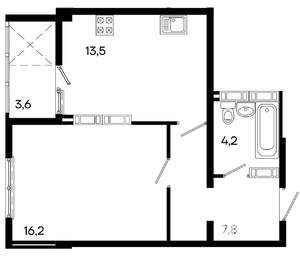 1-к квартира, строящийся дом, 45м2, 14/16 этаж