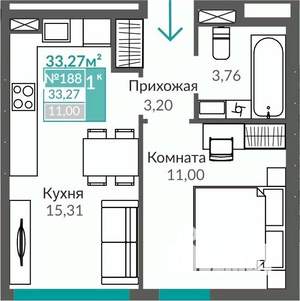 1-к квартира, строящийся дом, 33м2, 1/9 этаж