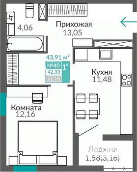 1-к квартира, вторичка, 42м2, 7/9 этаж