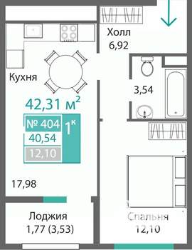 1-к квартира, строящийся дом, 42м2, 4/9 этаж