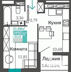 1-к квартира, строящийся дом, 30м2, 3/9 этаж
