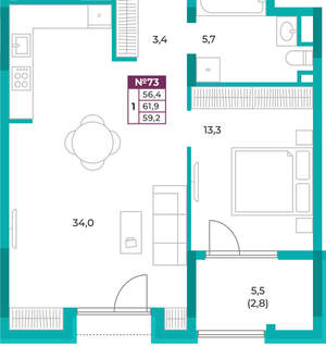 1-к квартира, вторичка, 59м2, 10/16 этаж