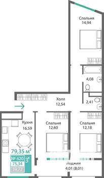 3-к квартира, строящийся дом, 79м2, 4/9 этаж