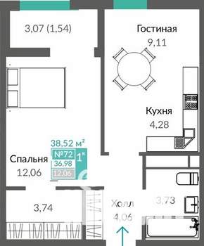 1-к квартира, строящийся дом, 39м2, 10/16 этаж