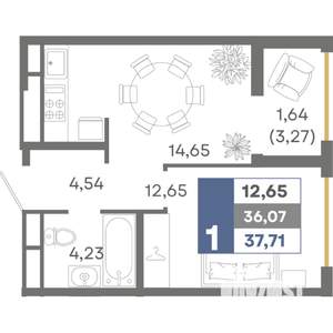 1-к квартира, строящийся дом, 38м2, 7/16 этаж