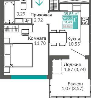 1-к квартира, вторичка, 31м2, 8/9 этаж