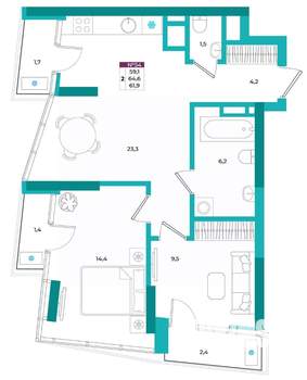2-к квартира, вторичка, 62м2, 9/24 этаж