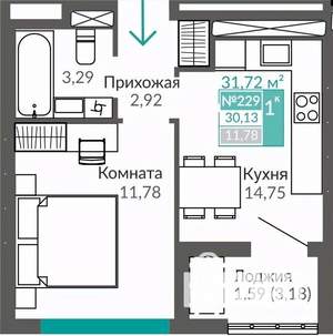 1-к квартира, строящийся дом, 30м2, 6/9 этаж