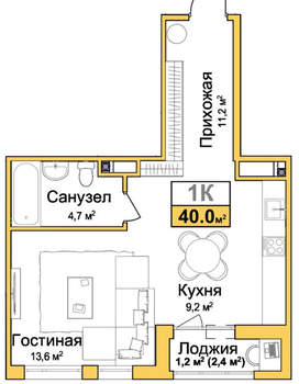 1-к квартира, вторичка, 40м2, 11/16 этаж