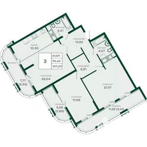 3-к квартира, вторичка, 107м2, 14/15 этаж