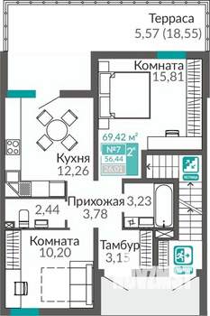2-к квартира, строящийся дом, 56м2, 1/9 этаж