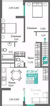 3-к квартира, строящийся дом, 82м2, 2/10 этаж