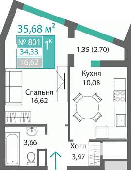 1-к квартира, строящийся дом, 36м2, 8/9 этаж