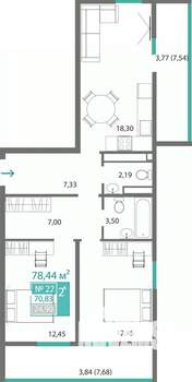 2-к квартира, строящийся дом, 71м2, 4/7 этаж