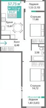 2-к квартира, строящийся дом, 58м2, 6/9 этаж