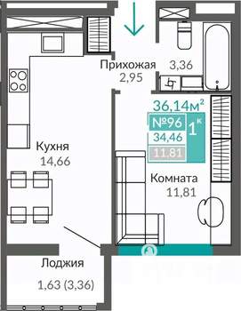 1-к квартира, строящийся дом, 34м2, 6/9 этаж