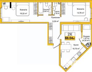 2-к квартира, вторичка, 66м2, 1/10 этаж