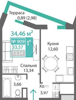 1-к квартира, строящийся дом, 34м2, 9/9 этаж