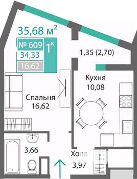 1-к квартира, строящийся дом, 36м2, 6/9 этаж