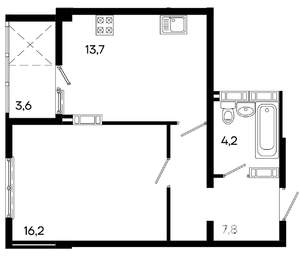 1-к квартира, строящийся дом, 46м2, 9/16 этаж