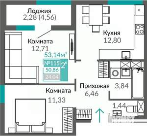 2-к квартира, строящийся дом, 51м2, 7/16 этаж