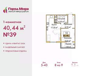 1-к квартира, вторичка, 40м2, 8/9 этаж